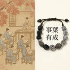 銀黑曜石「財運來」串珠手鍊男女小眾高級感手串地圖石手飾 【首廟天壇天公廟祈福加持】