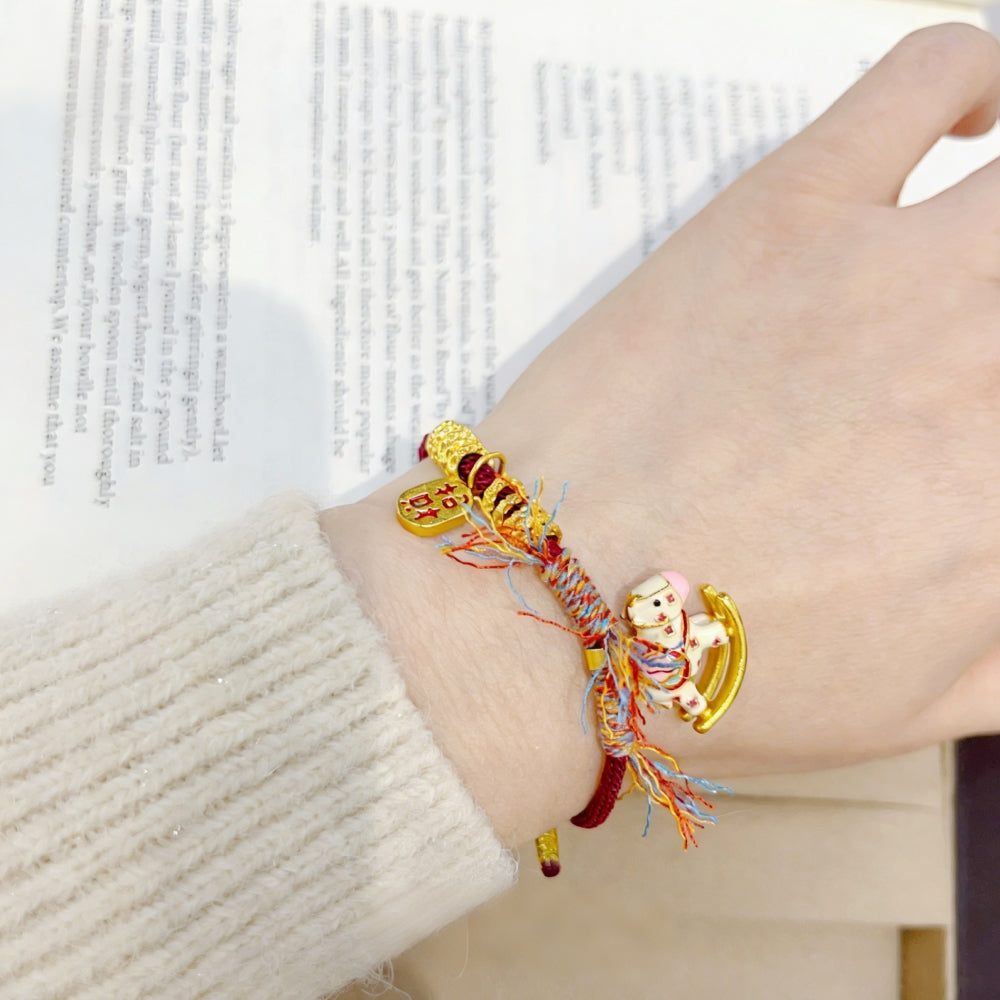 古法沙金紅繩招財納福「馬上有福」盤缠編織手鏈【祈福加持】