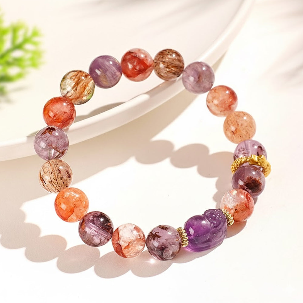 紫幽靈黑晶「財運來」超七水晶串珠手鍊貔貅手串【首廟天壇天公廟祈福加持】