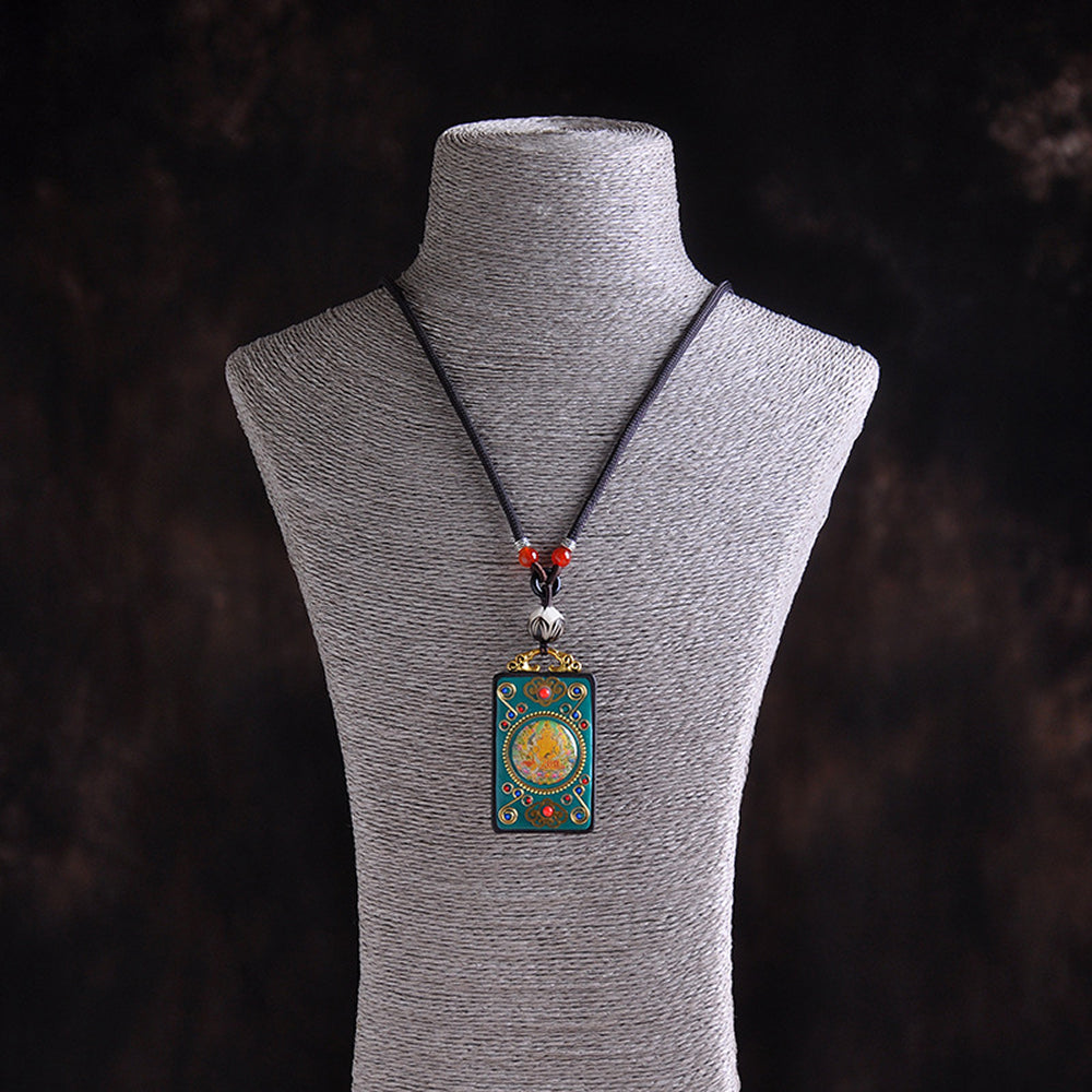 黃財神檀木唐卡吊墜手工項鍊「招財系列」【祈福加持】