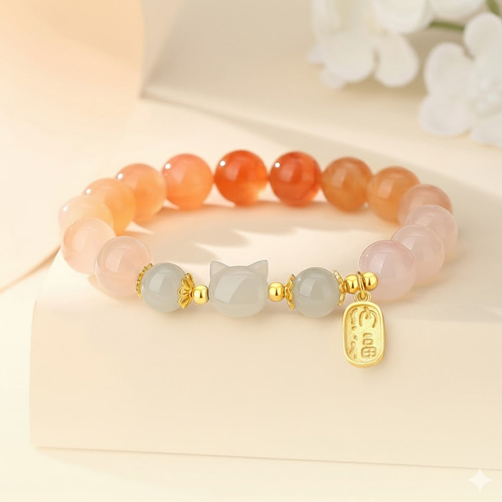 閩粵緋紅瑪瑙手串女和田玉貓咪「和田玉系列」【首廟天壇天公廟祈福加持】