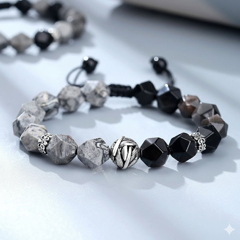 銀黑曜石「財運來」串珠手鍊男女小眾高級感手串地圖石手飾 【首廟天壇天公廟祈福加持】