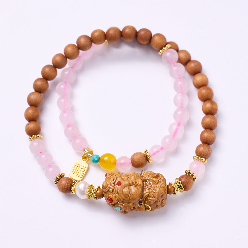 粉水晶老山檀度母雙圈手串「好姻緣」【首廟天壇天公廟祈福加持】