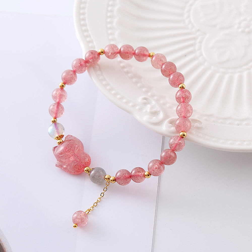 天然草莓晶可愛簡約狐狸手串「好姻緣」【首廟天壇天公廟祈福加持】