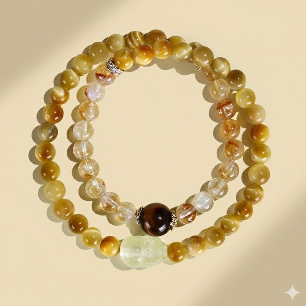 黃水晶貔貅虎眼石雙圈手串「財運来系列」【首廟天壇天公廟祈福加持】