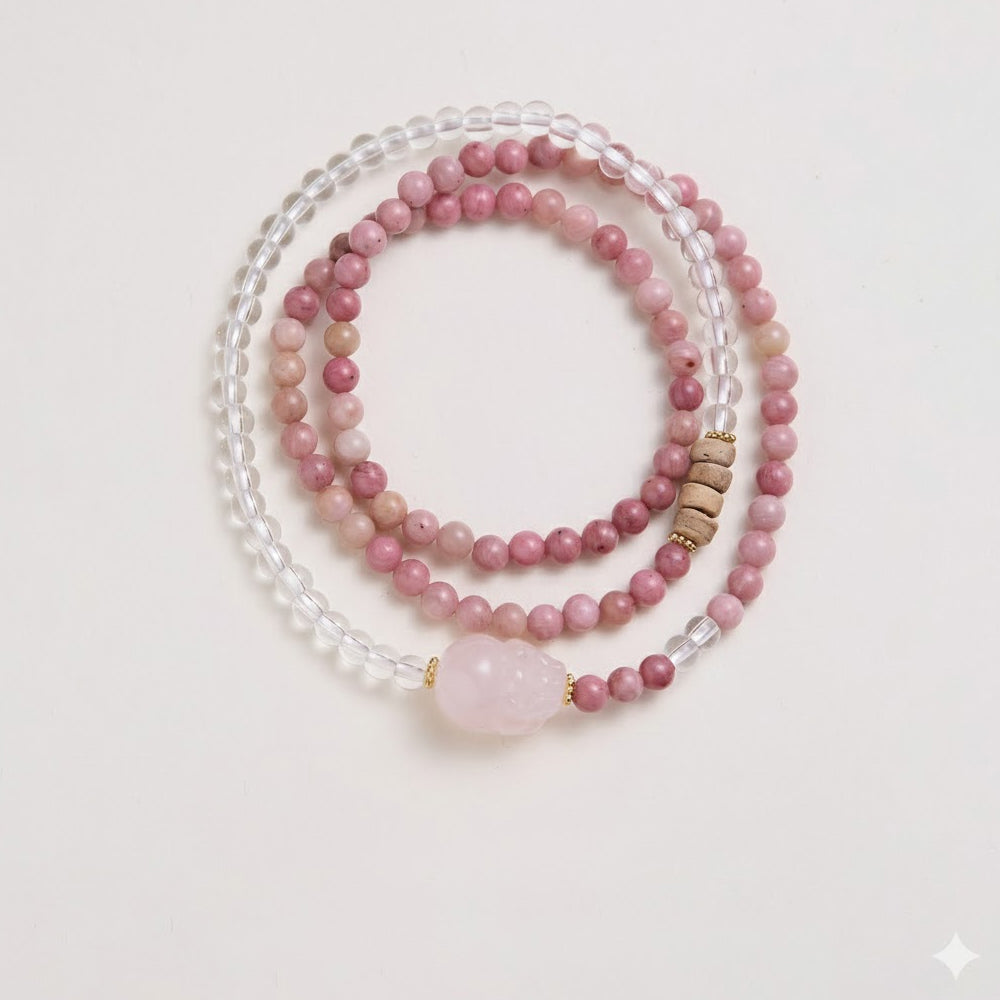 紅木紋石白水晶貔貅三圈手串「財運来系列」【首廟天壇天公廟祈福加持】