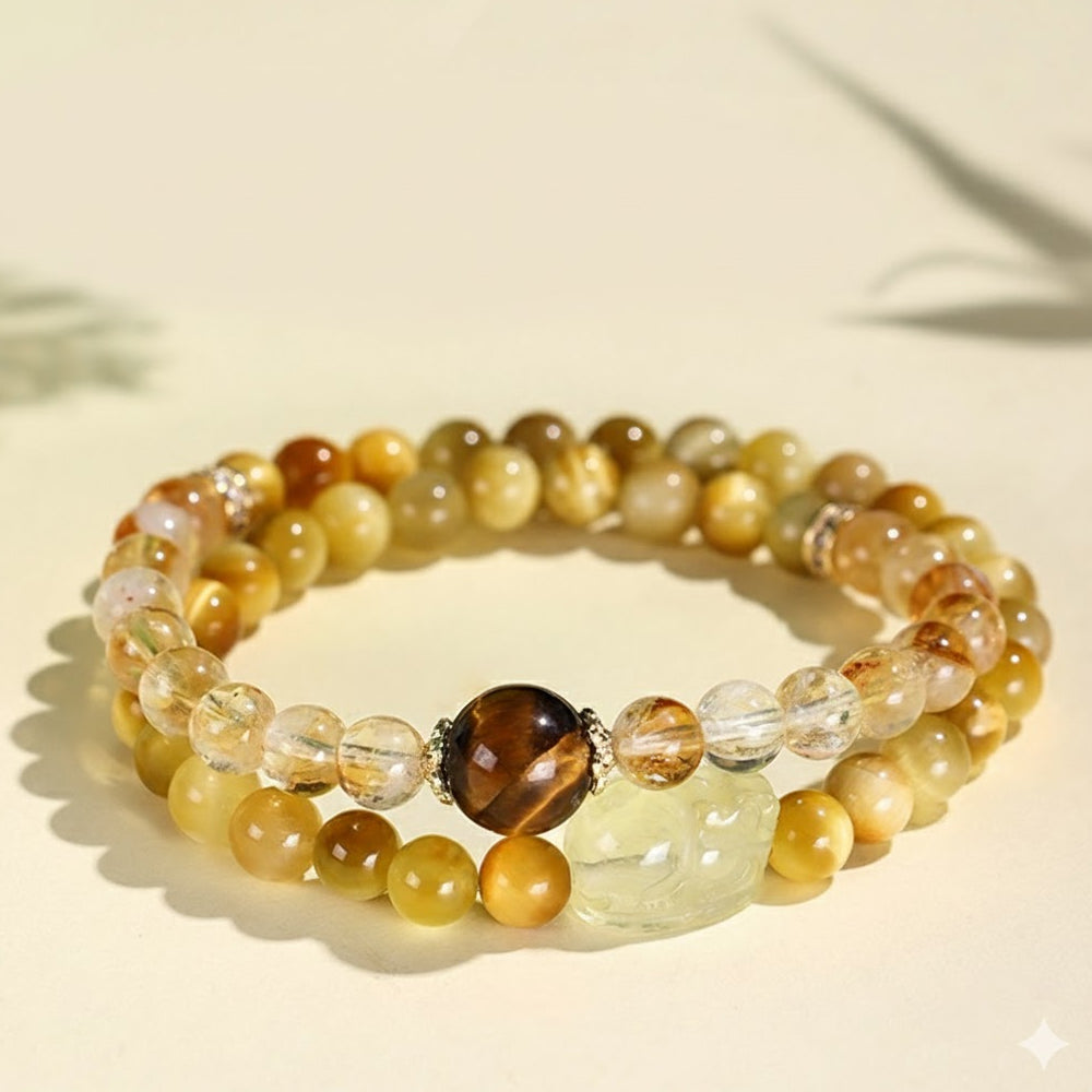 黃水晶貔貅虎眼石雙圈手串「財運来系列」【首廟天壇天公廟祈福加持】