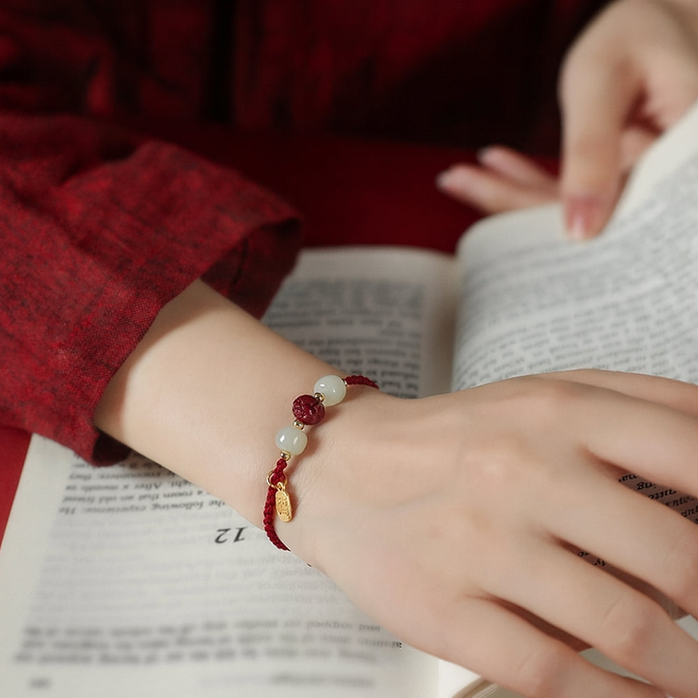 紅繩朱砂蓮花和田玉福牌編織手繩「平安順系列」【首廟天壇天公廟祈福加持】