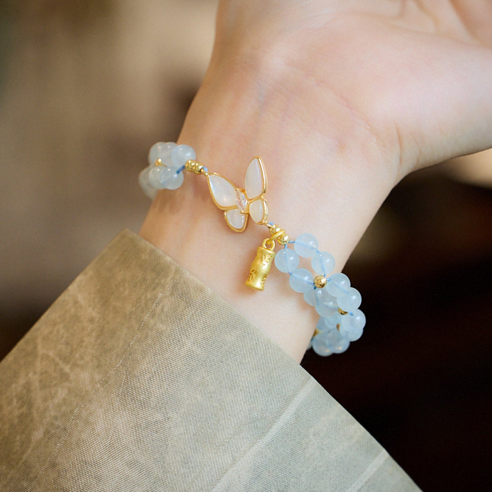 天然海藍寶編織手鏈女破茧成蝶蝴蝶竹節手串「圓滿開運」【台南首廟天壇天公廟祈福加持】