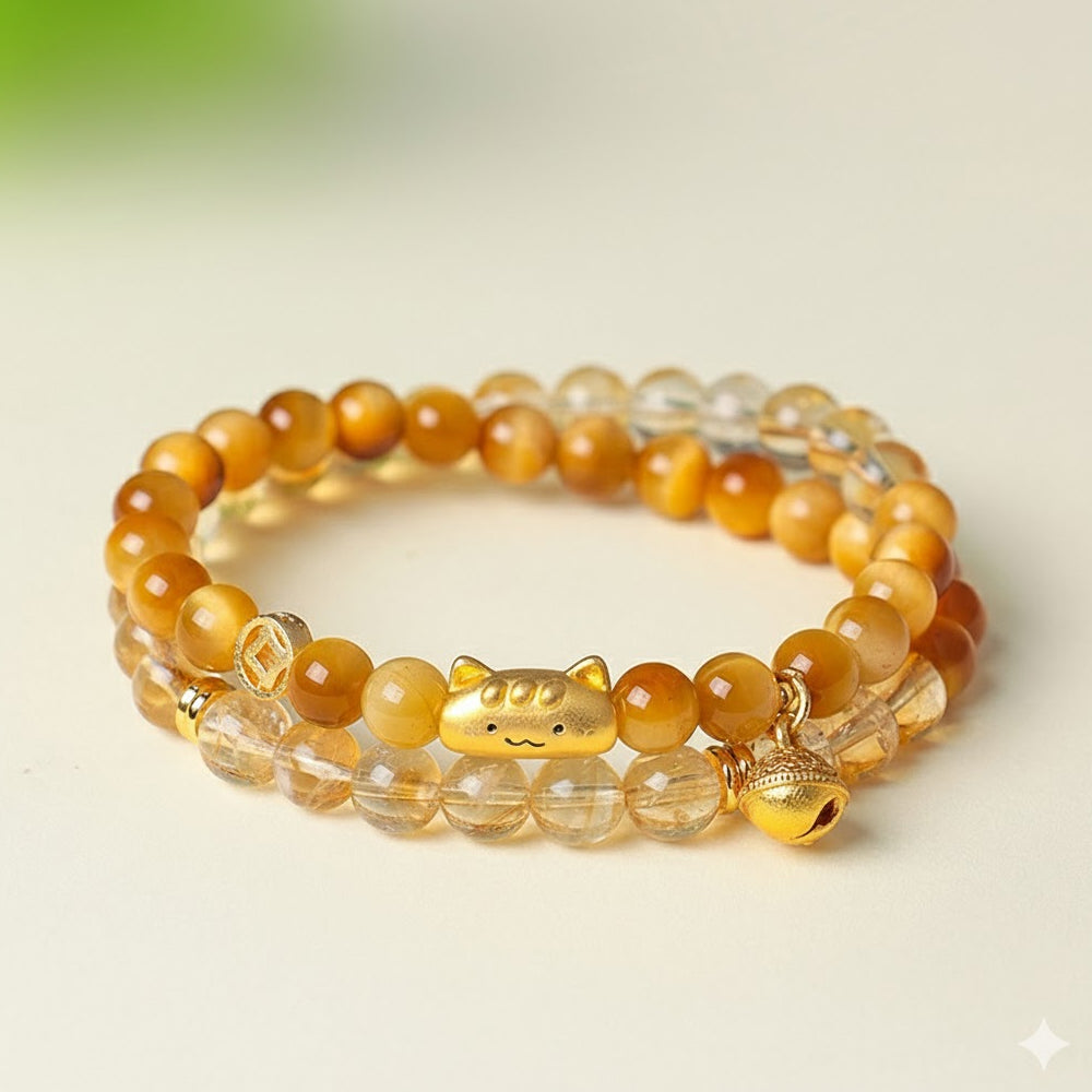天然黃塔晶招財雙圈串珠手鏈貓咪鈴鐺手串「財運來」【首廟天壇天公廟祈福加持】