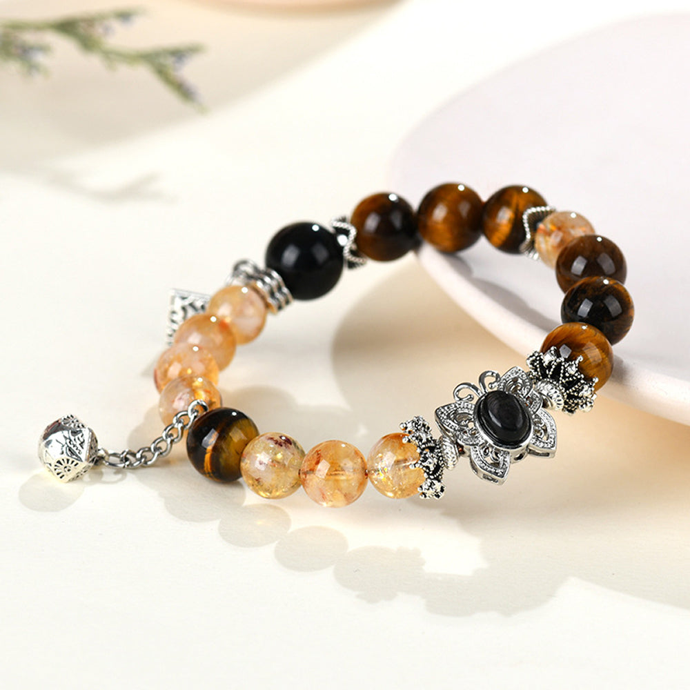 「事業順系列」天然水晶黃塔晶虎眼石微鑲蝴蝶手鏈 【台南首廟天壇天公廟祈福加持】