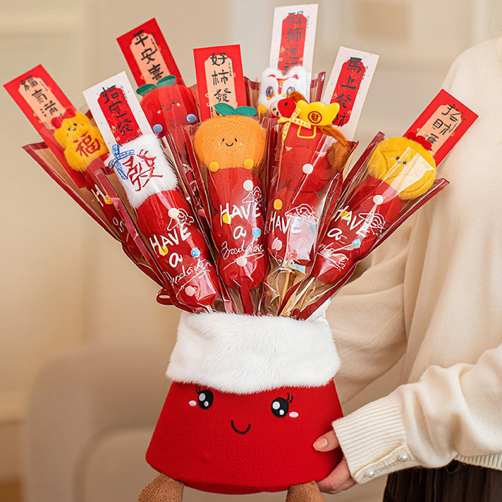 2026新款卡通毛絨創意糖葫蘆擺件馬年裝飾「馬上有錢」（一套 7 個＋抱抱桶）【祈福加持】