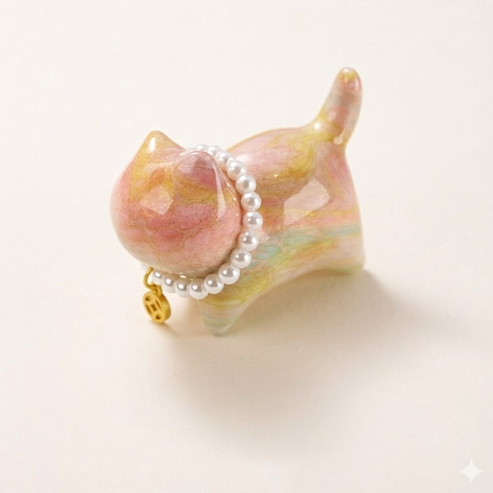 珍珠貓咪多彩大漆掛件「財源廣進」【顏色隨機】