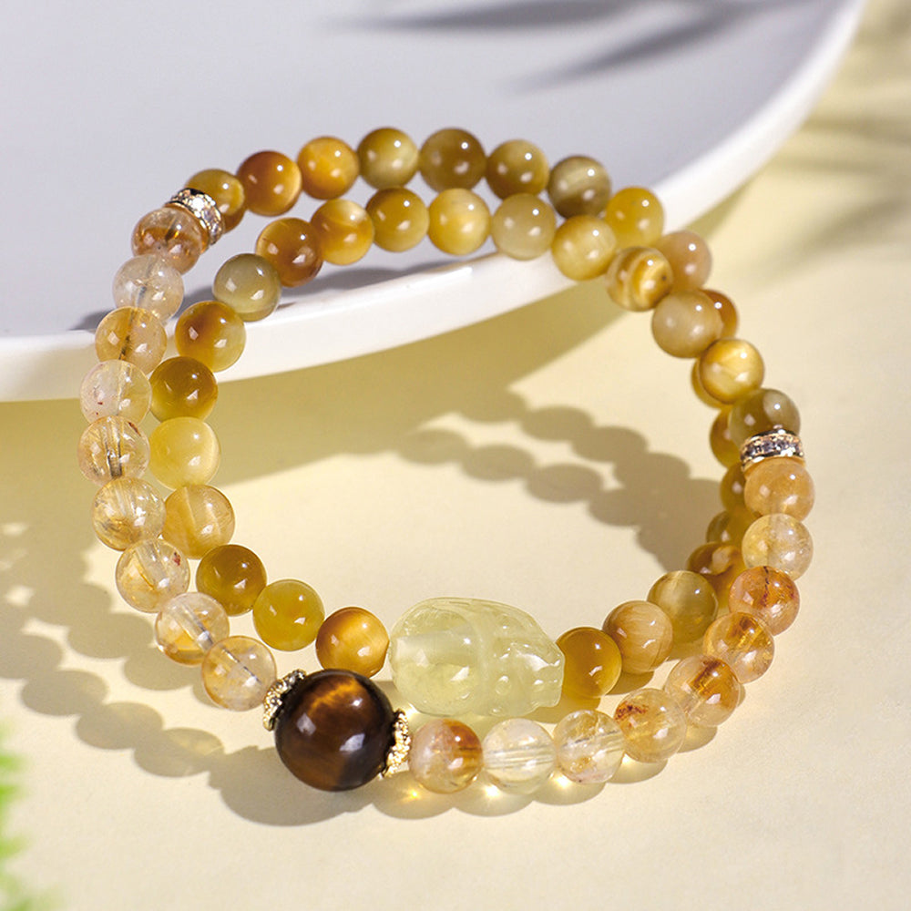 黃水晶貔貅虎眼石雙圈手串「財運来系列」【首廟天壇天公廟祈福加持】