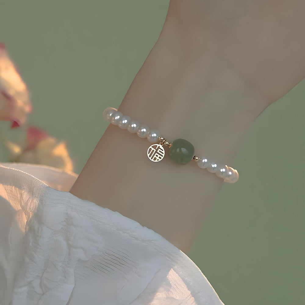 天然和田玉施家珍珠福牌手鏈「自在安心系列」【台南首廟天壇天公廟祈福加持】