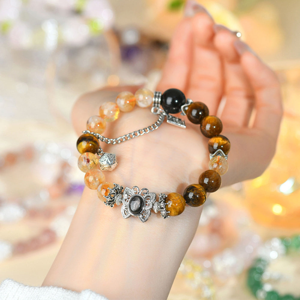 「事業順系列」天然水晶黃塔晶虎眼石微鑲蝴蝶手鏈 【台南首廟天壇天公廟祈福加持】