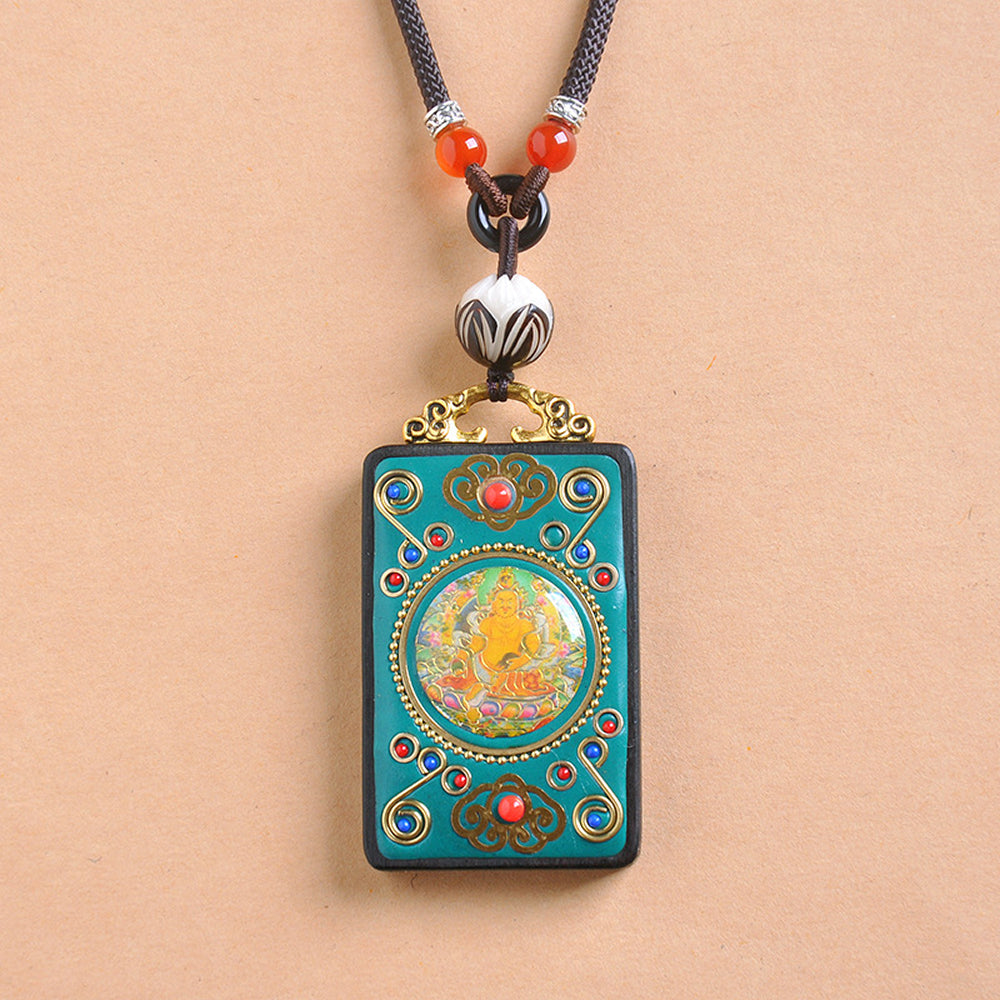 黃財神檀木唐卡吊墜手工項鍊「招財系列」【祈福加持】