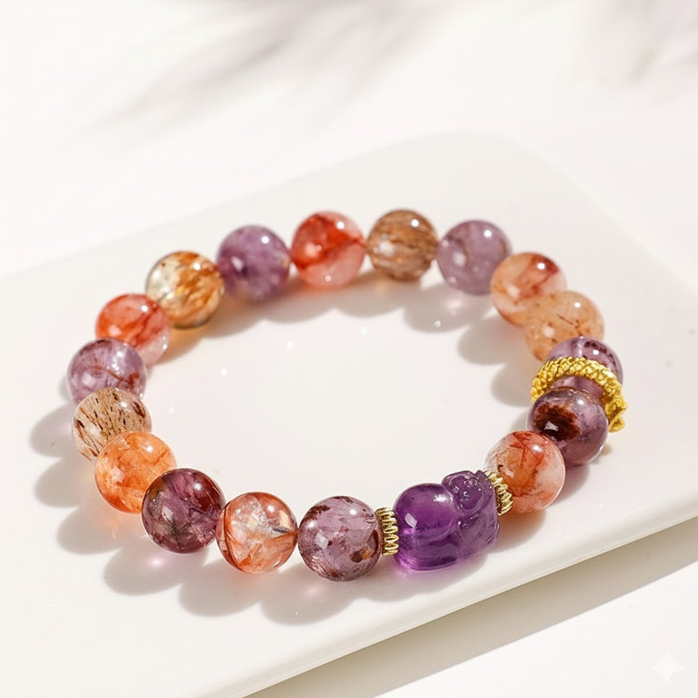 紫幽靈黑晶「財運來」超七水晶串珠手鍊貔貅手串【首廟天壇天公廟祈福加持】