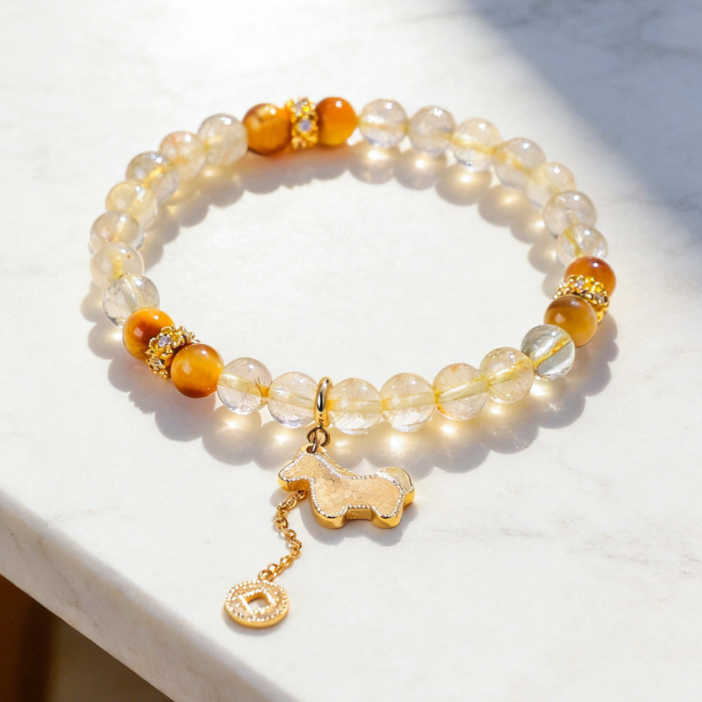 爆閃招財馬「馬上有福」天然金髮晶水晶手鍊【祈福加持】