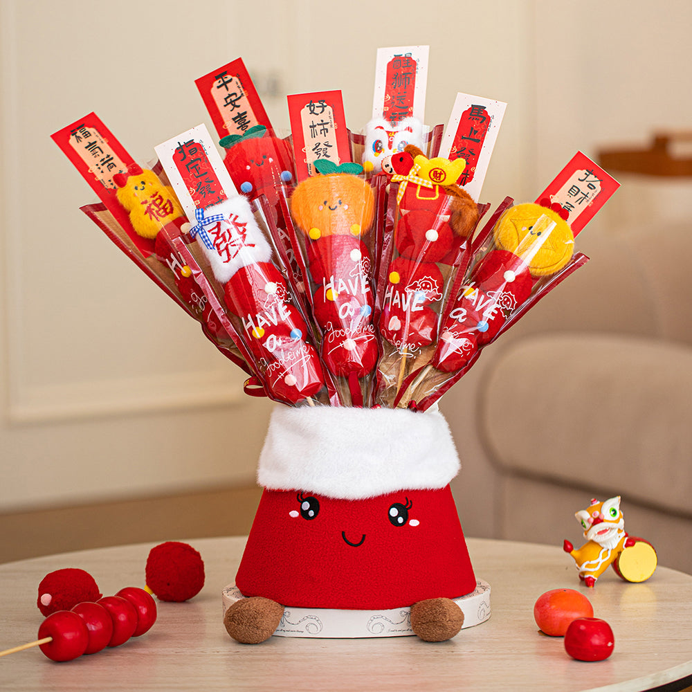 2026新款卡通毛絨創意糖葫蘆擺件馬年裝飾「馬上有錢」（一套 7 個＋抱抱桶）【祈福加持】