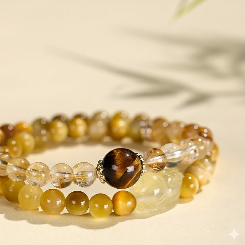 黃水晶貔貅虎眼石雙圈手串「財運来系列」【首廟天壇天公廟祈福加持】