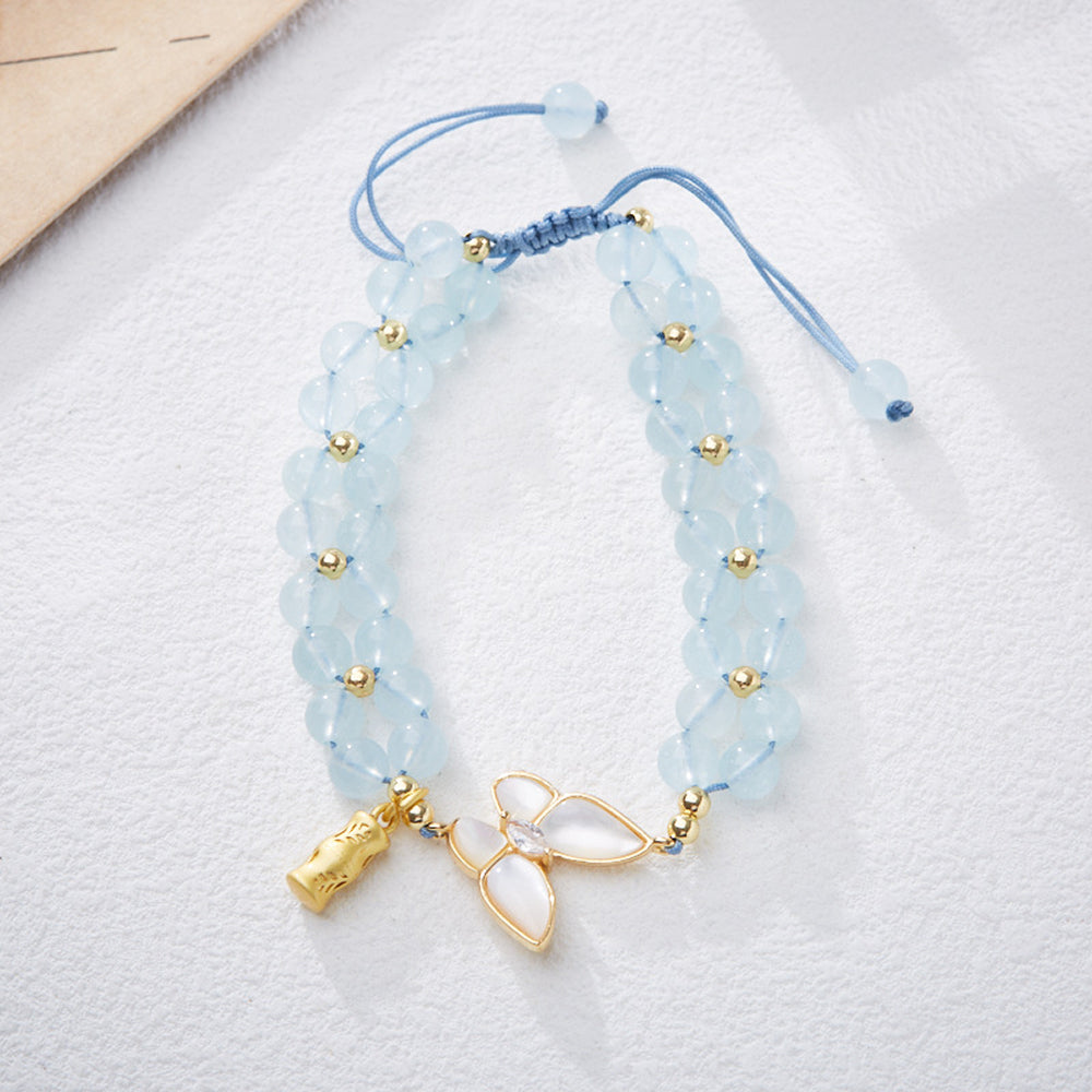 天然海藍寶編織手鏈女破茧成蝶蝴蝶竹節手串「圓滿開運」【台南首廟天壇天公廟祈福加持】