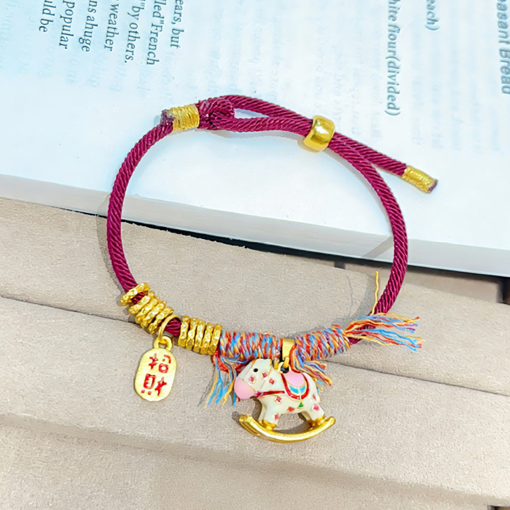 古法沙金紅繩招財納福「馬上有福」盤缠編織手鏈【祈福加持】