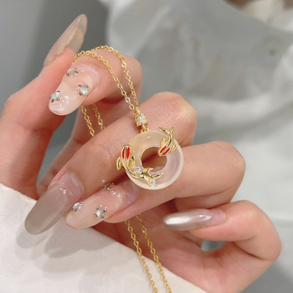 幸運錦鯉魚純銀925項鍊玉髓鎖骨鏈平安扣吊墜「圓滿開運」【首廟天壇天公廟祈福加持】