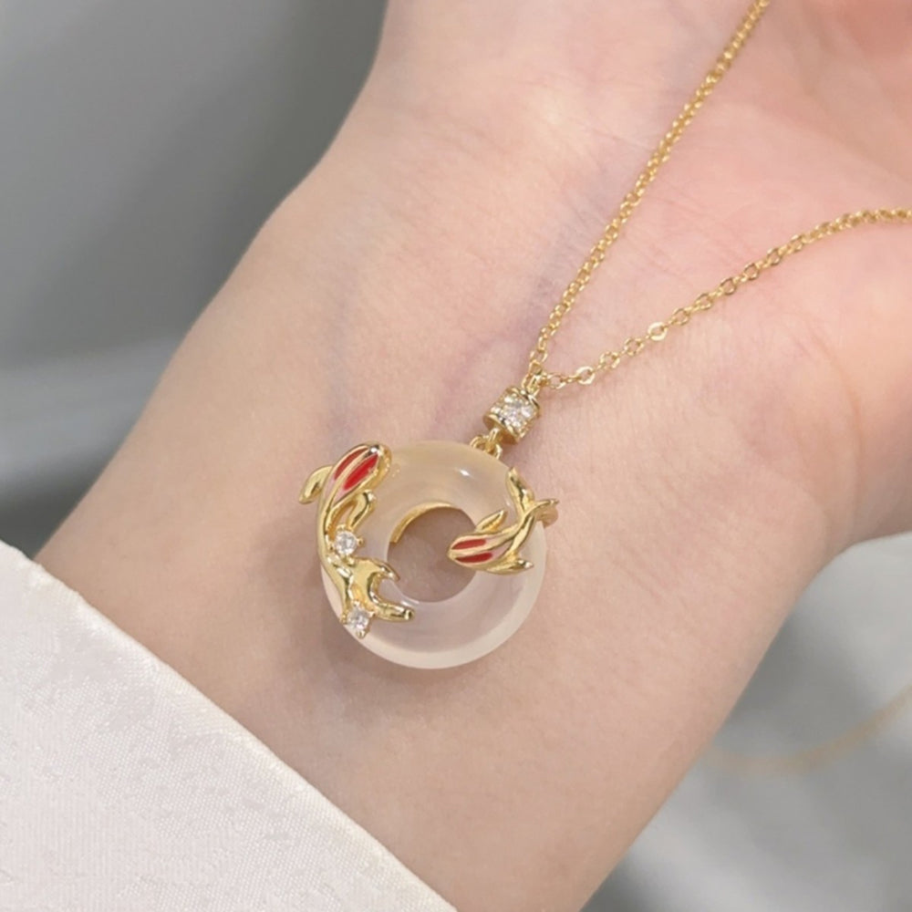 幸運錦鯉魚純銀925項鍊玉髓鎖骨鏈平安扣吊墜「圓滿開運」【首廟天壇天公廟祈福加持】