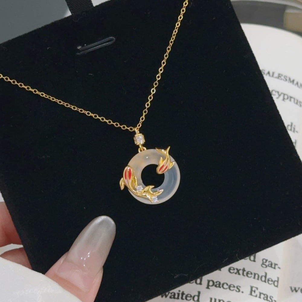 幸運錦鯉魚純銀925項鍊玉髓鎖骨鏈平安扣吊墜「圓滿開運」【首廟天壇天公廟祈福加持】