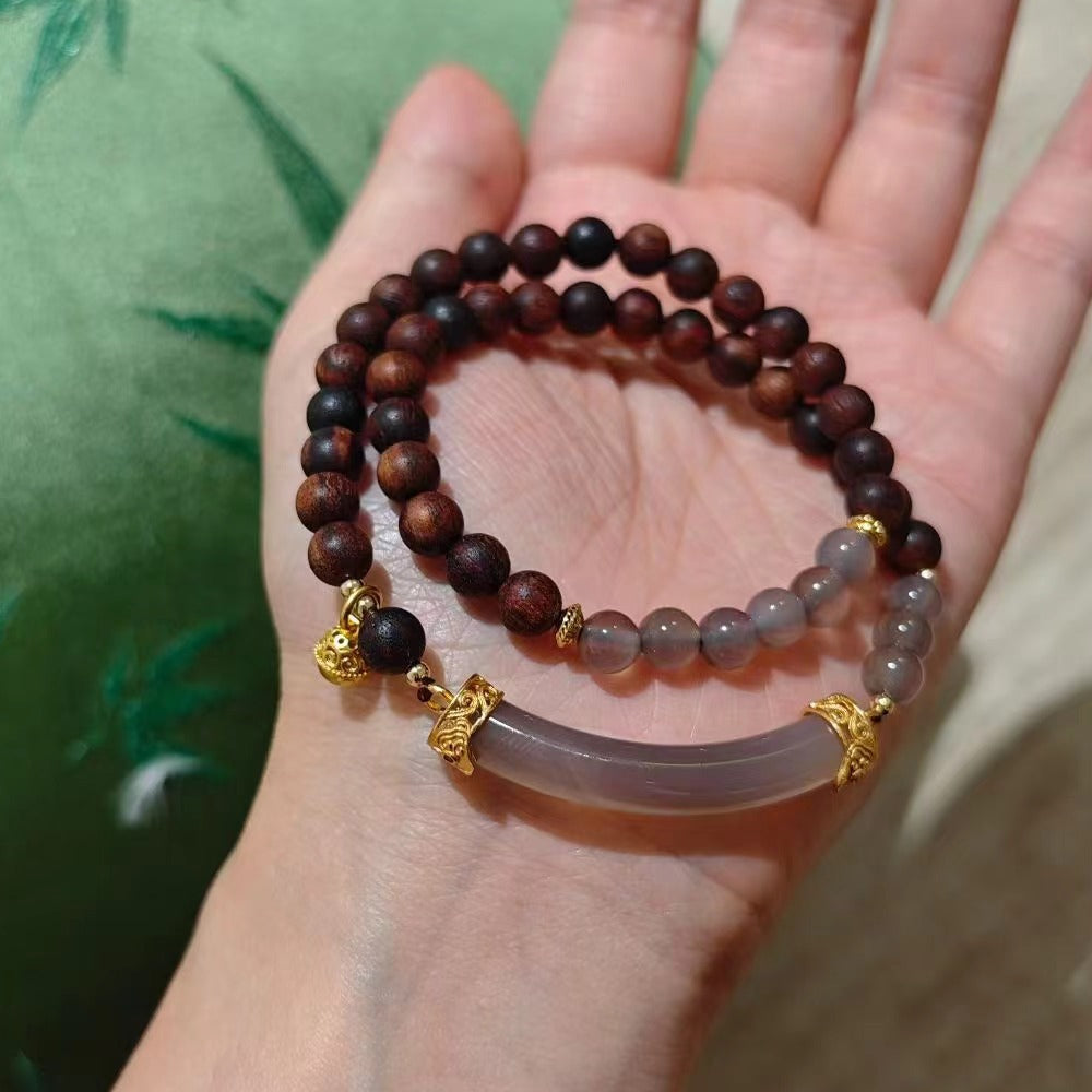 奶香芭比檀木手串半生煙紫 S925銀玉髓瑪瑙雙拼手鏈「圓滿開運」【首廟天壇天公廟祈福加持】