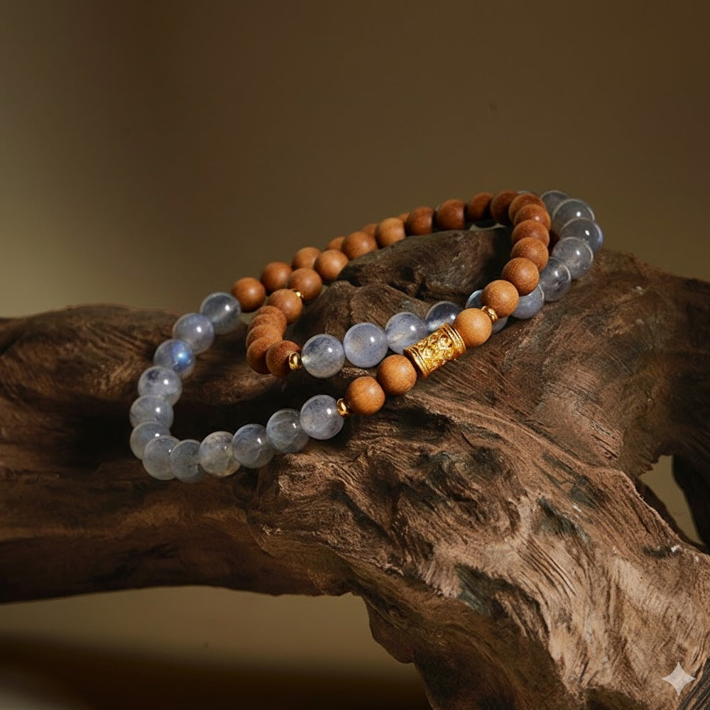 純銀芭比檀木灰月光石串珠雙圈「圓滿開運」【首廟天壇天公廟祈福加持】