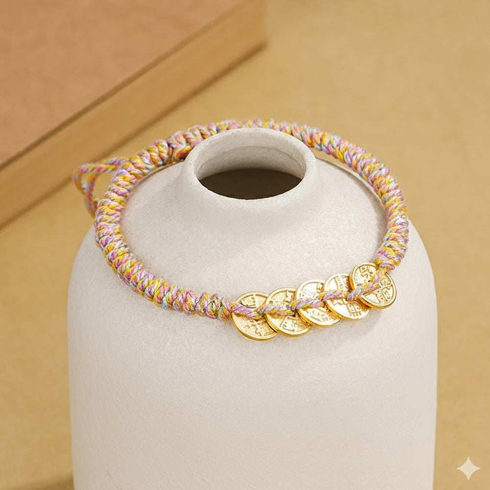 S925純銀五帝錢手繩編織彩繩「財運來」【首廟天壇天公廟祈福加持】