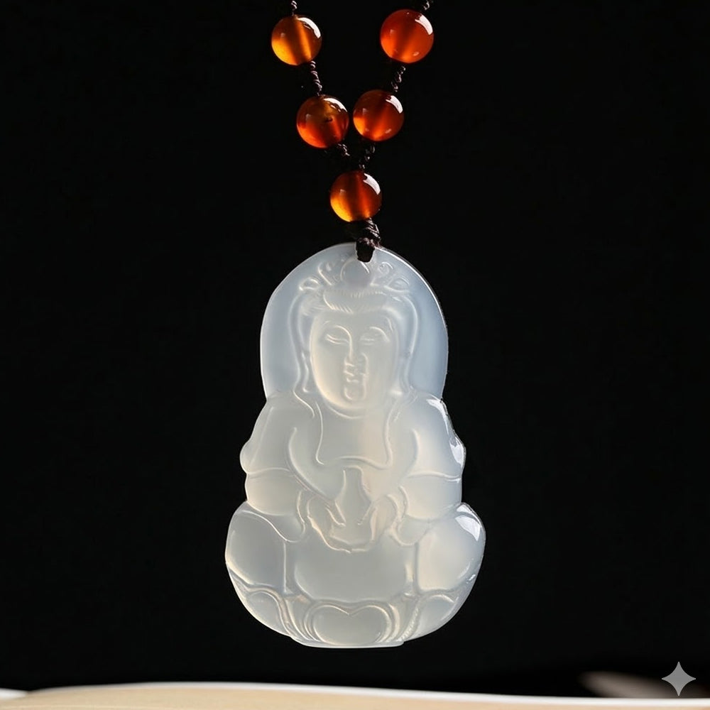 白玉髓瑪瑙觀音玉石吊墜項鍊「好運顺」【祈福加持】