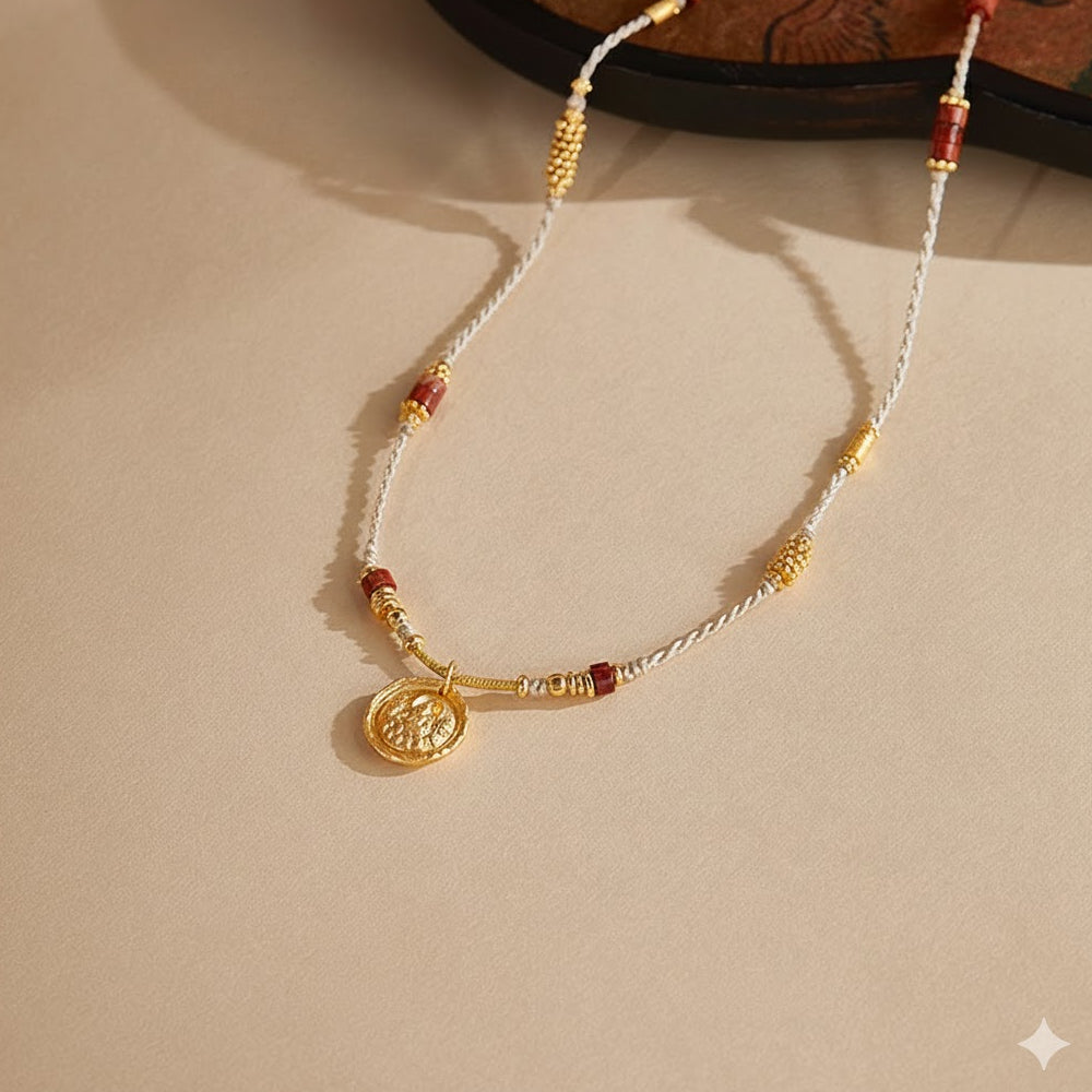 S925純銀黃財神「來財系列」天然紅石編繩項鍊 【祈福加持】
